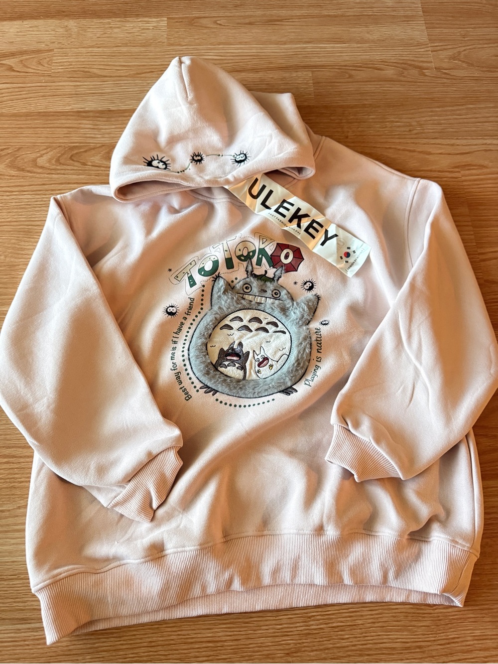 Totoro Embroidered Hoodie – Blush Pink Oversized Pullover